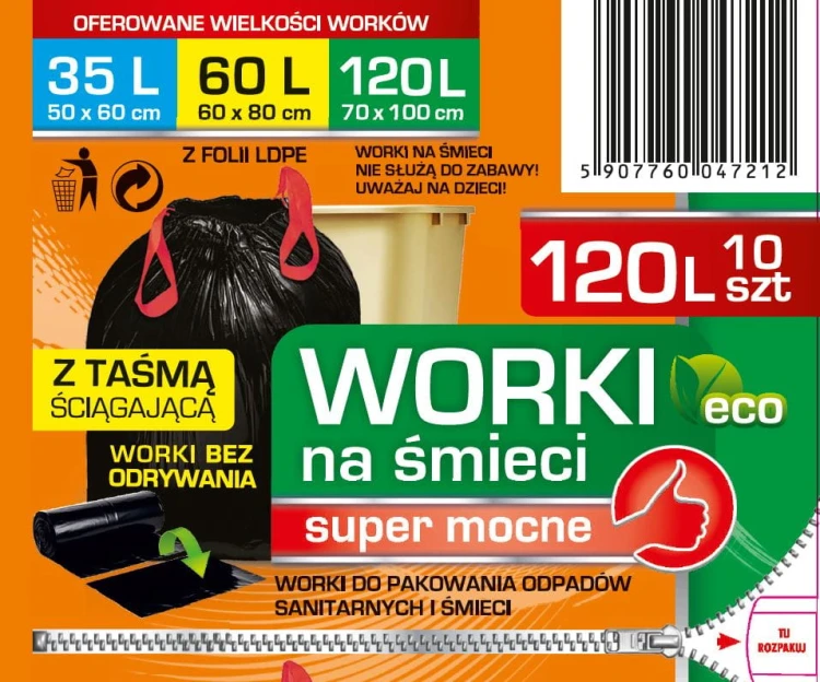 WORKI NA ŚMIECI SUPER MOCNE GRUBE CZARNE Z TAŚMA 35 60 120 LITRÓW